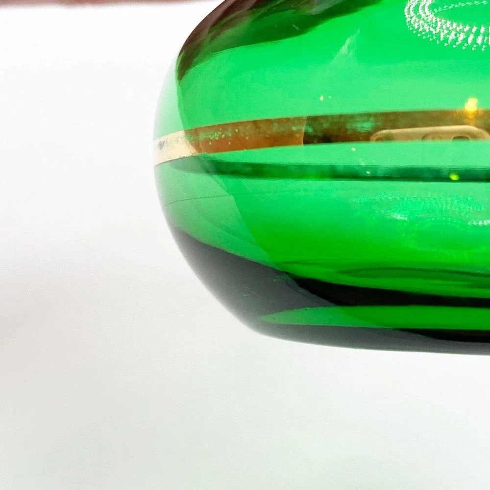 Vtg Anchor Hocking Forest Green Glass Flared Bud Vase Gold Bands Vanity 3.75